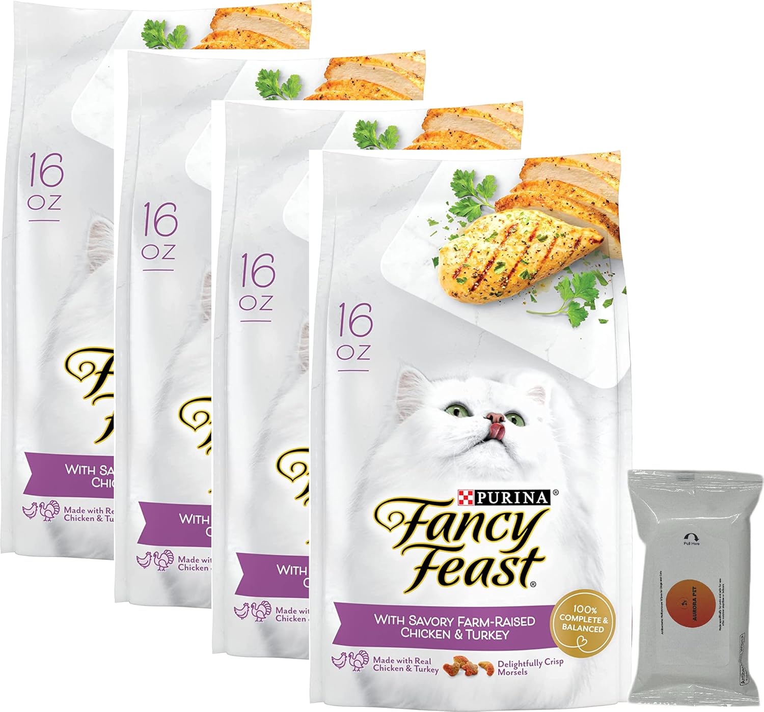 Aurora Pet Bundle Pack (4) FF Gourmet Dry Cat Food with Savory Chicken and Turkey (16 oz. Bags) Plus AuroraPet Wipes