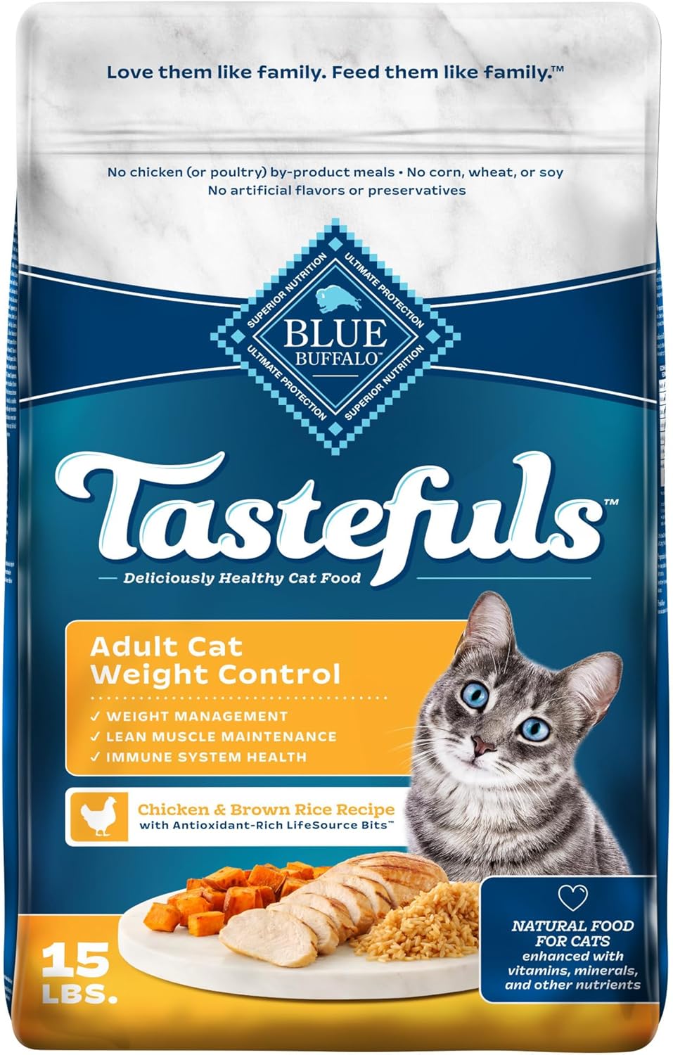 Blue Buffalo Tastefuls Natural Food for Adult Cats, Weight Control, 15-lb. Bag