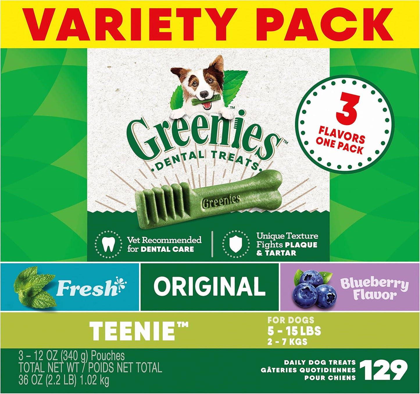 GREENIES TEENIE Natural Dog Dental Care Chews Oral Health Dog Treats 3-Flavor Variety Pack, (3) 12 oz. Pouches, 129 Total Treats