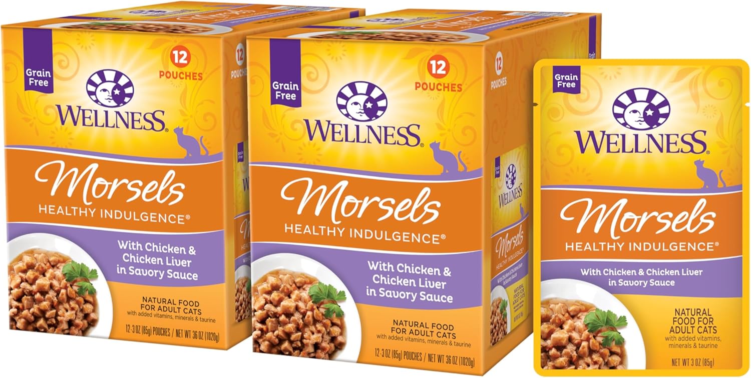 Wellness Healthy Indulgence Morsels Grain-Free Wet Cat Food, Made with Natural Ingredients, Quality Proteins, Complete and Balanced Meal, 3 oz Pouches (Chicken & Chicken Liver, 24 Pack)