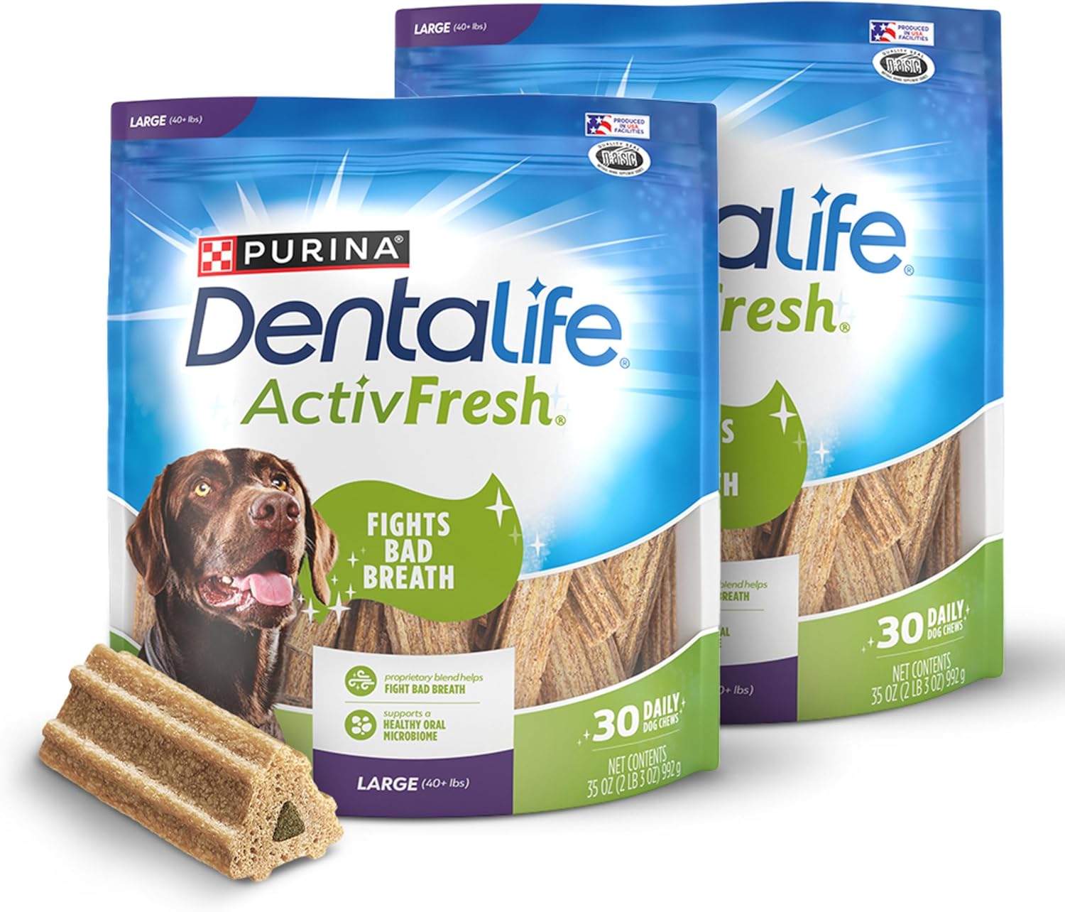 DentaLife ActivFresh Pack of 2 Dog Chews for Large Dogs 40 lbs. and up, Dental Chews to Freshen Breath, Chicken Flavor, 35 oz. each, 30 Chews each\/60 Total Chews - 30 ct. Pouch