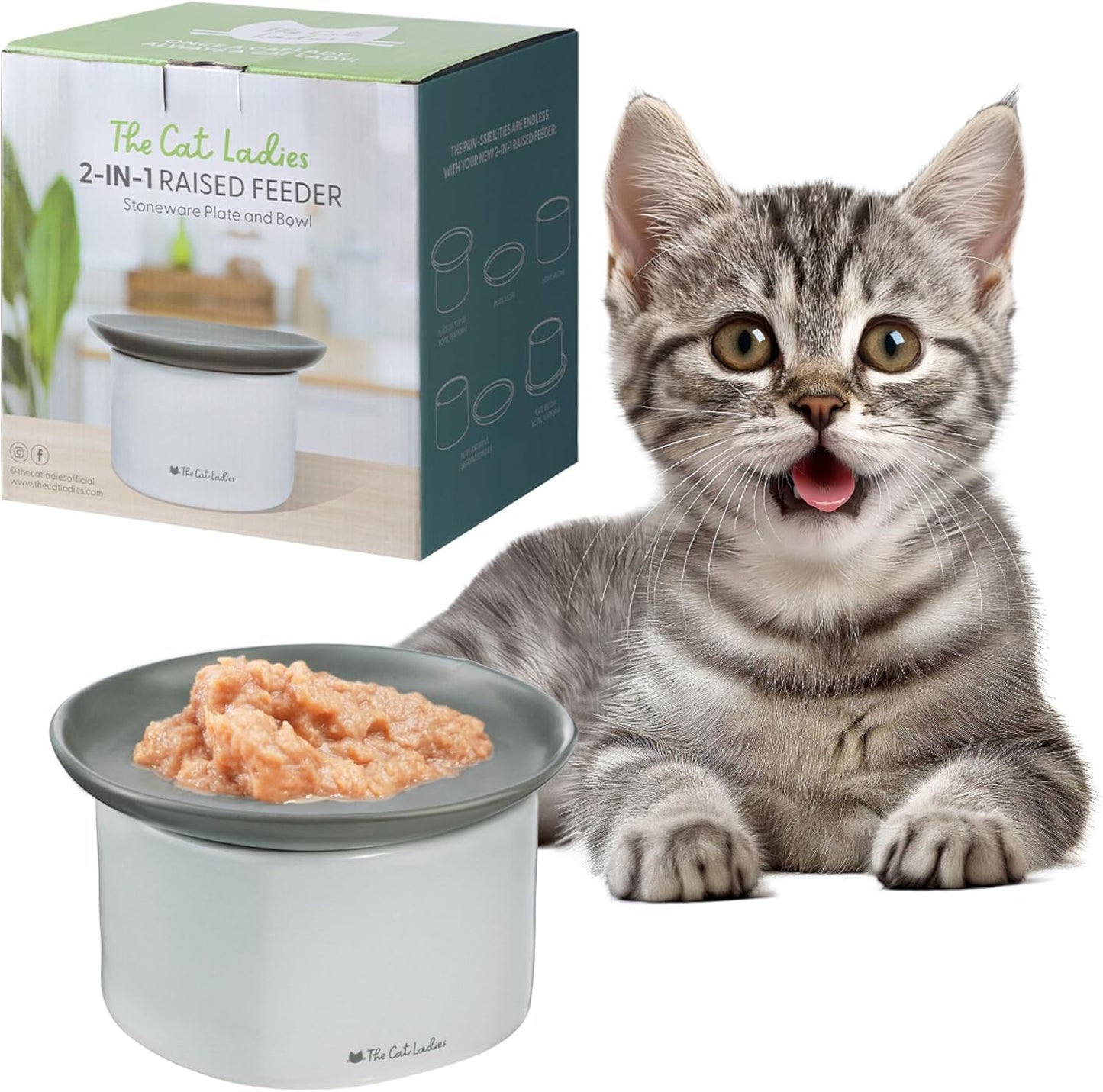 The Cat Ladies 2-in-1 Cat Raised Feeder - Raised Food Dish and Bowl for Indoor Cats - Elevated Whisker Friendly Dishes and Bowls - Ceramic and Dishwasher Safe Bowl Set