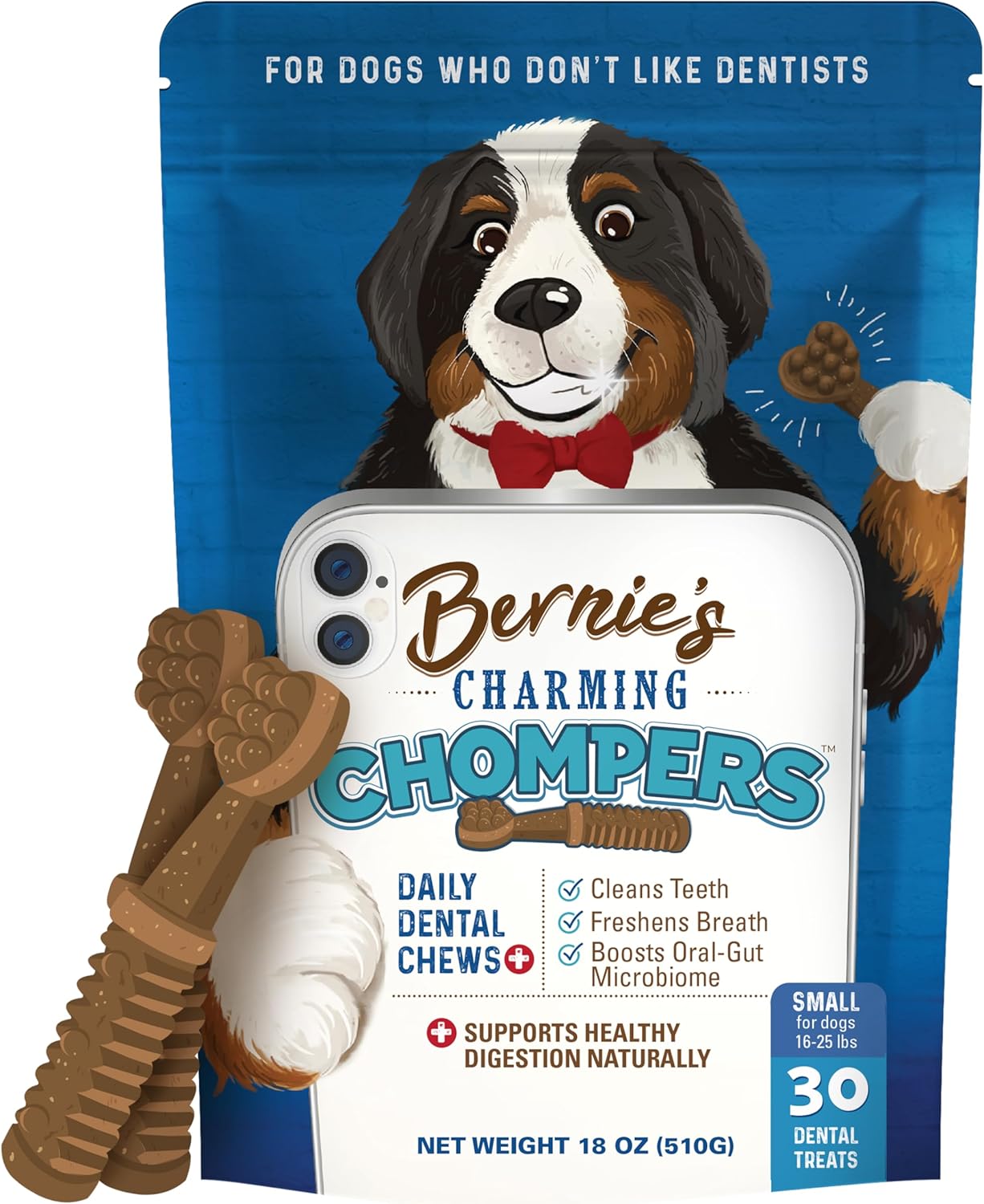 Bernie's Charming Chompers - Daily Dental Chews for Dogs 15-25 Lbs. - 30 Count - Cleans Teeth, Freshens Breath, + Boosts Oral-Gut Microbiome. Easy to Digest, Supports Healthy Digestion Naturally