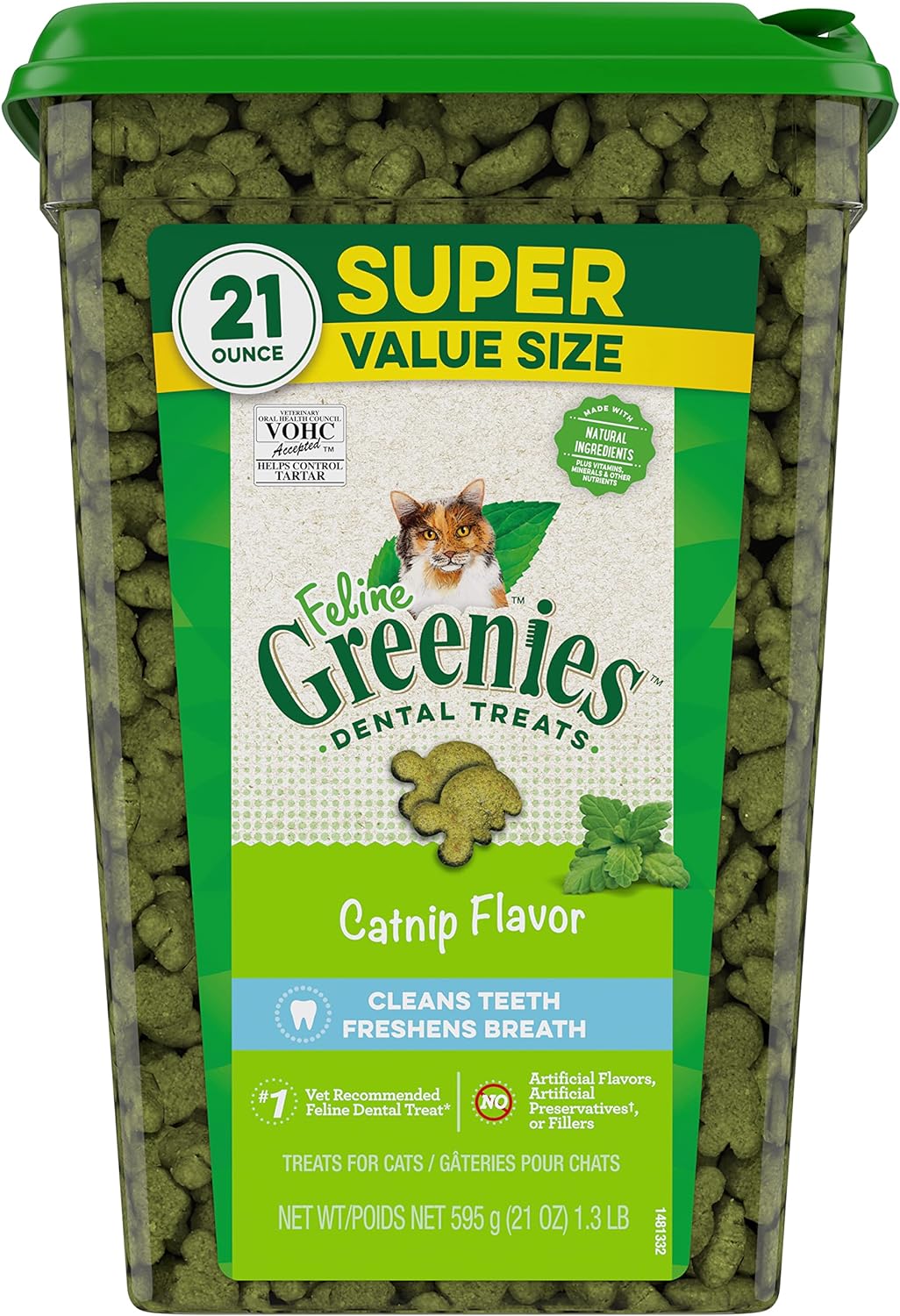 FELINE GREENIES Natural Dental Care Cat Treats Catnip Flavor, 21 oz. Tub