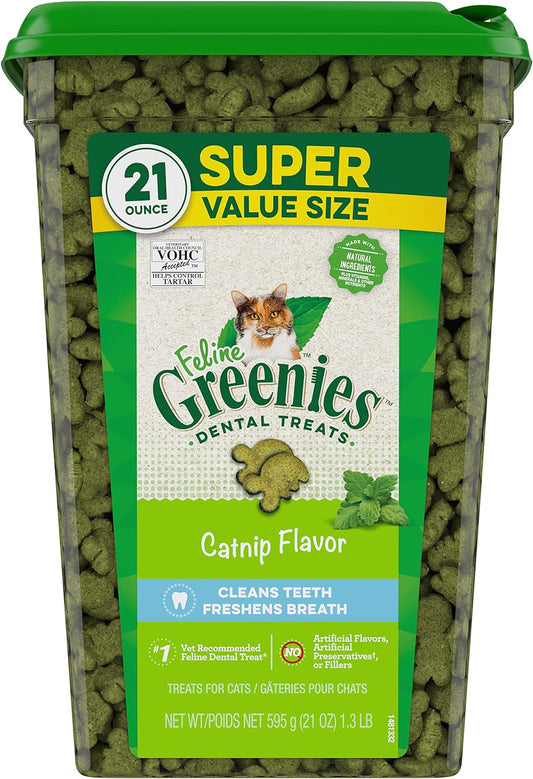 FELINE GREENIES Natural Dental Care Cat Treats Catnip Flavor, 21 oz. Tub