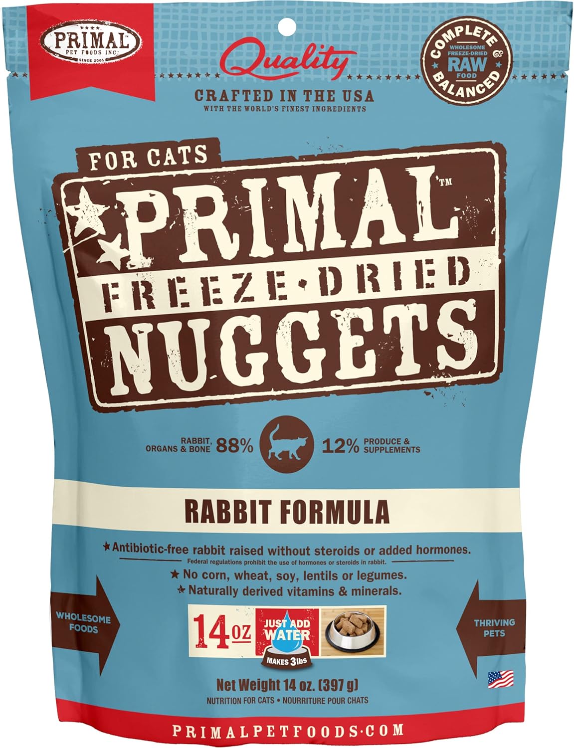 Primal Freeze Dried Raw Cat Food Nuggets Rabbit, Complete & Balanced Meal or Topper, Premium, Healthy, Grain Free, High Protein Raw Cat Food with Probiotics (14 oz)