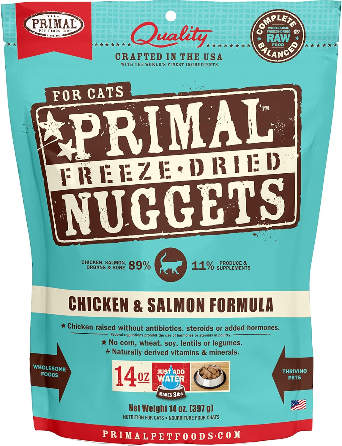 Primal Freeze Dried Raw Cat Food Nuggets Chicken & Salmon, Complete & Balanced Meal or Topper, Premium, Healthy, Grain Free, High Protein Raw Cat Food with Probiotics (14 oz)