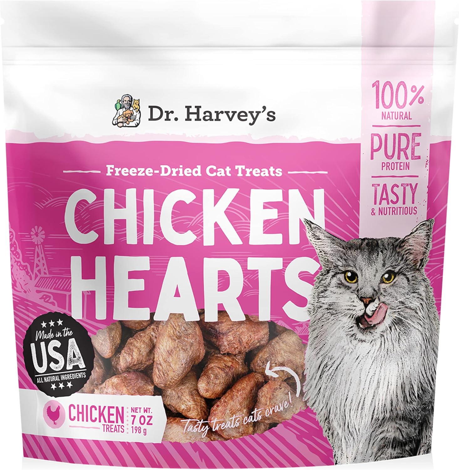 Dr. Harvey's Chicken Hearts Freeze Dried Training Cat Treats with Real Chicken Hearts for Cats, 7 Ounces