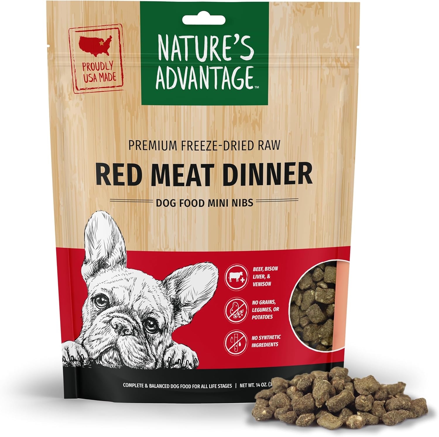 Nature's Advantage Freeze-Dried Raw Red Meat Dinner Dog Food Mini Nibs, 14 oz | Beef, Venison, Fruits, Veggies | Grain Free, High Protein Nutrition