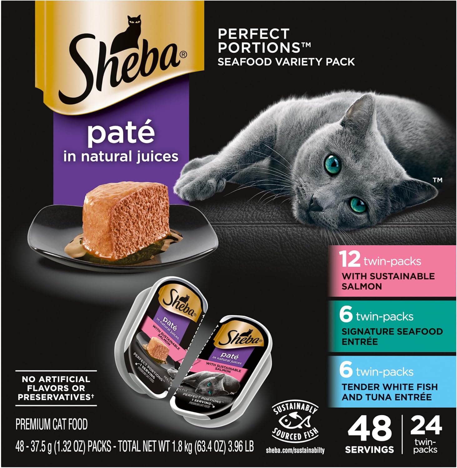 SHEBA Perfect Portions Paté Wet Cat Food Trays (24 Count, 48 Servings), Signature Seafood Entrée, Easy Peel Twin-Pack Trays