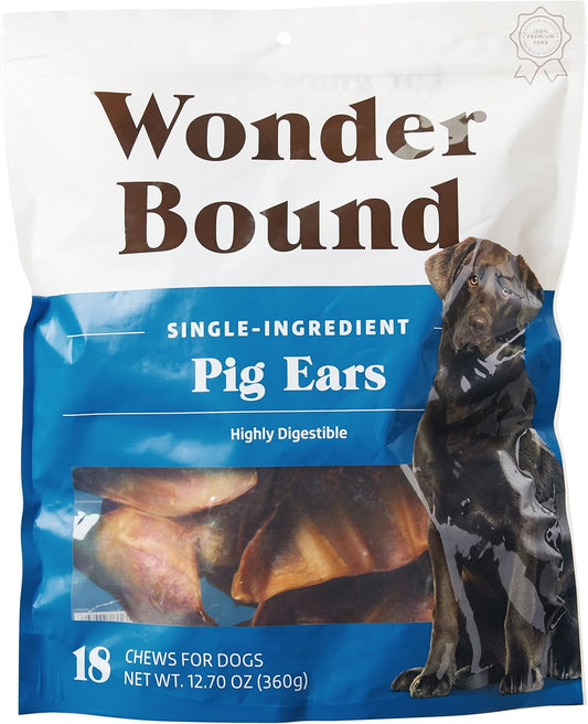 Amazon Brand - Wonder Bound Whole Pig Ears, Single Ingredient, Highly Digestible, Dog Treats for Puppy and Large\/Medium Dogs, Pork, 18 count, 12.7 ounce (Pack of 1)