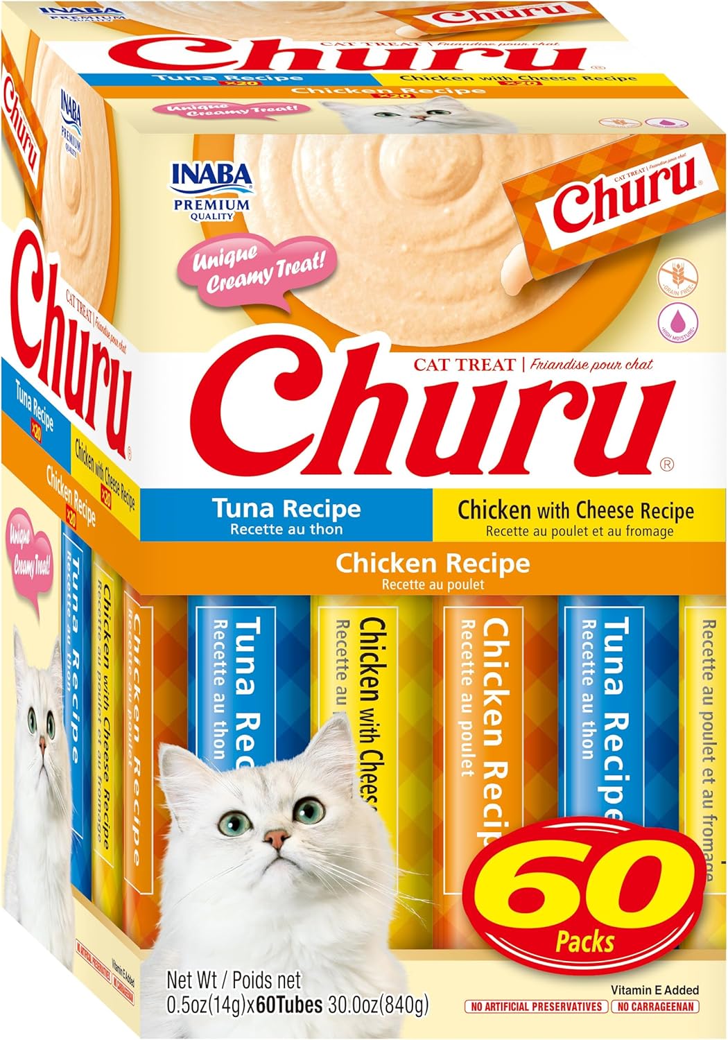 INABA Churu Cat Treats, Grain-Free, Lickable, Squeezable Creamy Purée Cat Treat\/Topper, 60 Servings, 3 Flavor Tuna & Chicken Variety Box