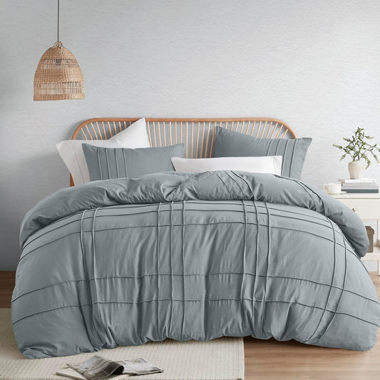 Comfort Spaces Blue\/Grey King Size Duvet Cover Set - 3 Pieces Pintuck Pleated Duvet Cover King, All Season Lightweight, Extra Softness Pre-Washed Microfiber King Bedding Cover Shams, King