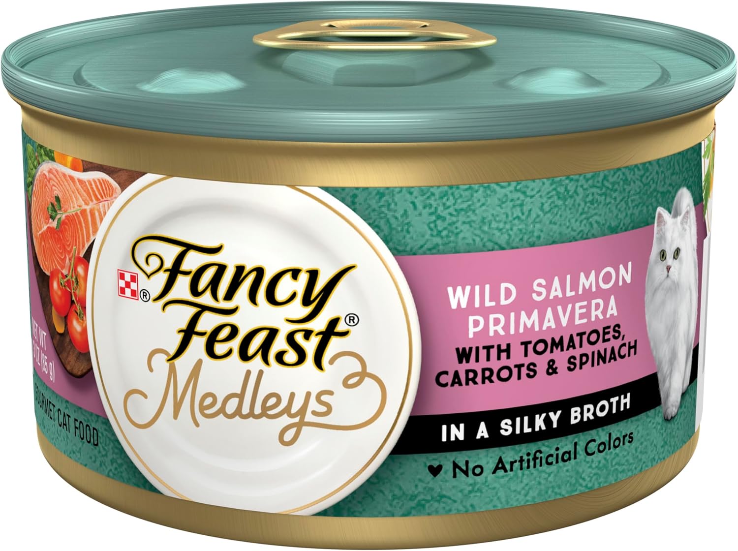 Purina Fancy Feast Wet Cat Food Medleys Wild Salmon Primavera With Tomatoes Carrots and Spinach in Silky Broth - (Pack of 24) 3 oz. Cans