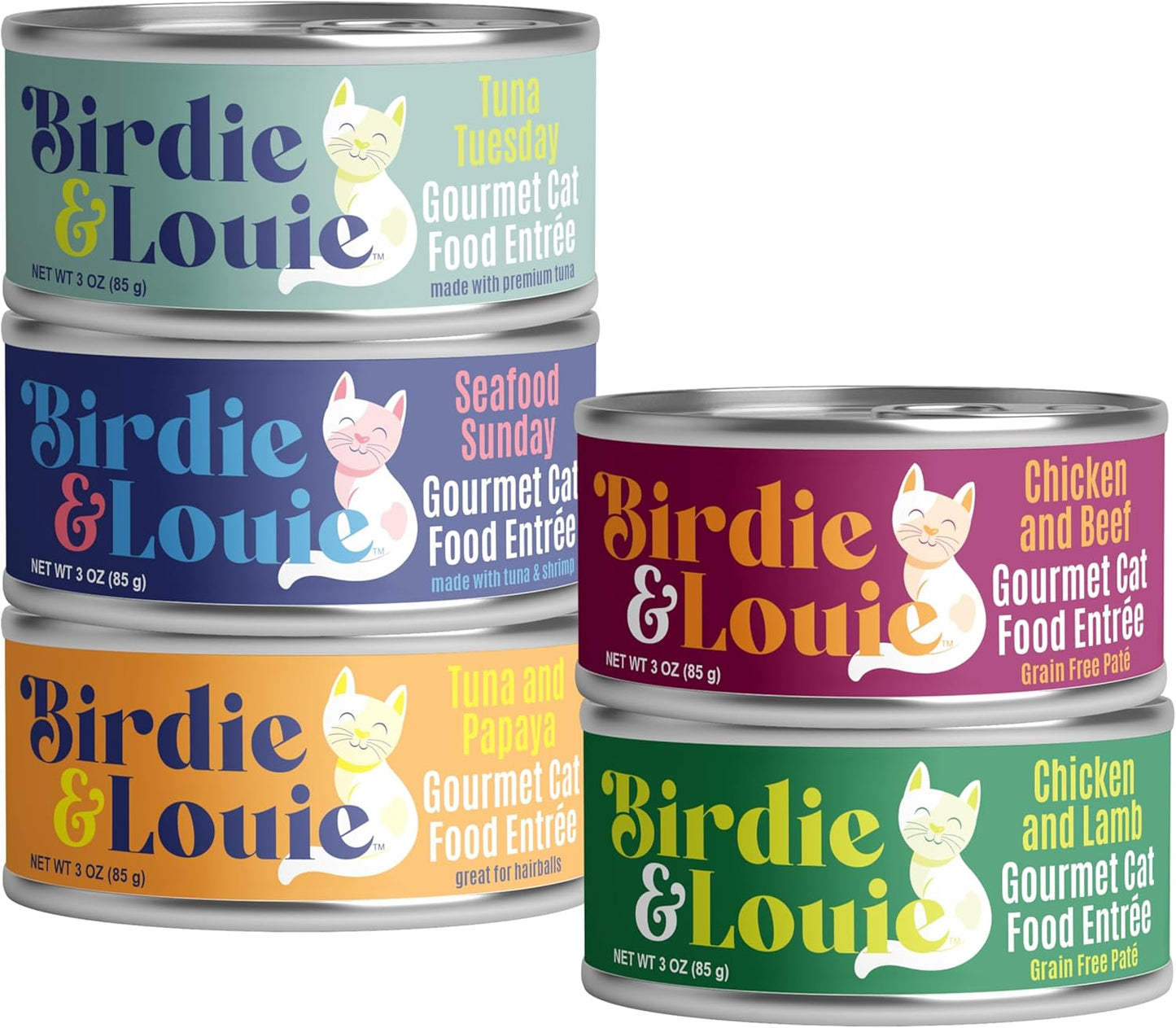 Birdie & Louie Wet Cat Food Variety Pack 30 Count, with 5 Different Proteins | Tuna, Shrimp, Chicken, Beef, Lamb | Flakes in Broth, and Pate | 6 Cans, 5 Different Flavors | 30 Cans