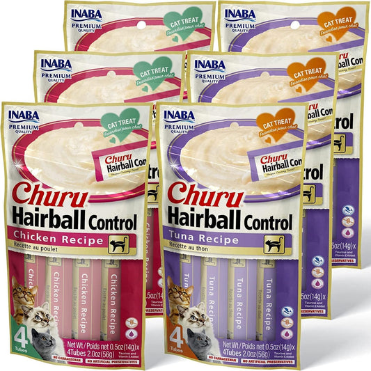 INABA Churu for Cats, Functional, Creamy Lickable Purée Cat Treat for Hairball Control, 0.5 Ounces Each, 24 Tubes (4 per Pack), 2 Flavor Tuna and Chicken Variety Pack