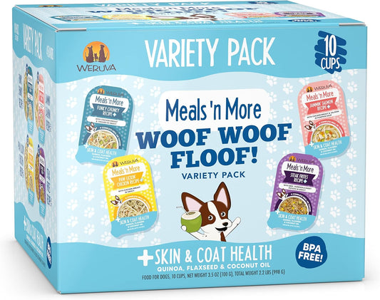 Weruva Meals 'n More Natural Wet Dog Food, Woof Woof Floof! Skin & Coat Health Variety Pack, 3.5oz Cup (Pack of 10)