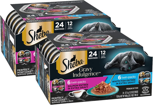 Sheba Gravy Indulgence Adult Wet Cat Food Salmon Entree in Extra Gravy and White Fish Entree in Extra Gravy Variety Pack, 2.6 oz. Twin-Pack Trays, (12 Count, 24 Servings) (Pack of 2)