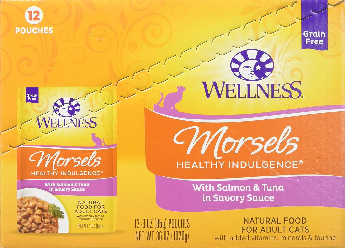 Wellness Healthy Indulgence Natural Grain Free Morsels with Salmon & Tuna in Savory Sauce Wet Cat Food, 3 oz., Case of 12