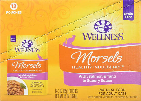 Wellness Healthy Indulgence Natural Grain Free Morsels with Salmon & Tuna in Savory Sauce Wet Cat Food, 3 oz., Case of 12