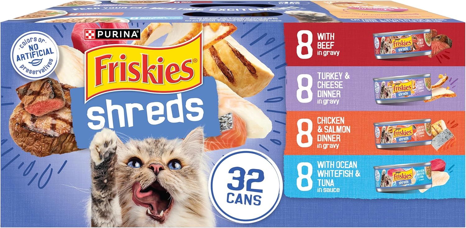 Purina Friskies Gravy Wet Cat Food Variety Pack, Savory Shreds With Beef, Turkey and Cheese Dinner, Chicken and Salmon Dinner, With Ocean Whitefish and Tuna - (Pack of 32) 5.5 oz. Cans