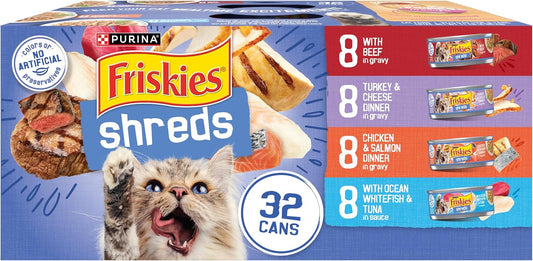 Purina Friskies Gravy Wet Cat Food Variety Pack, Savory Shreds With Beef, Turkey and Cheese Dinner, Chicken and Salmon Dinner, With Ocean Whitefish and Tuna - (Pack of 32) 5.5 oz. Cans