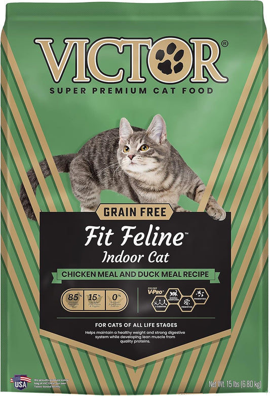 Victor Super Premium Cat Food \u2013 Grain Free Fit Feline - Dry Cat Food for Indoor Cats - for All Breeds and All Life Stages from Kitten to Adult, 15lb