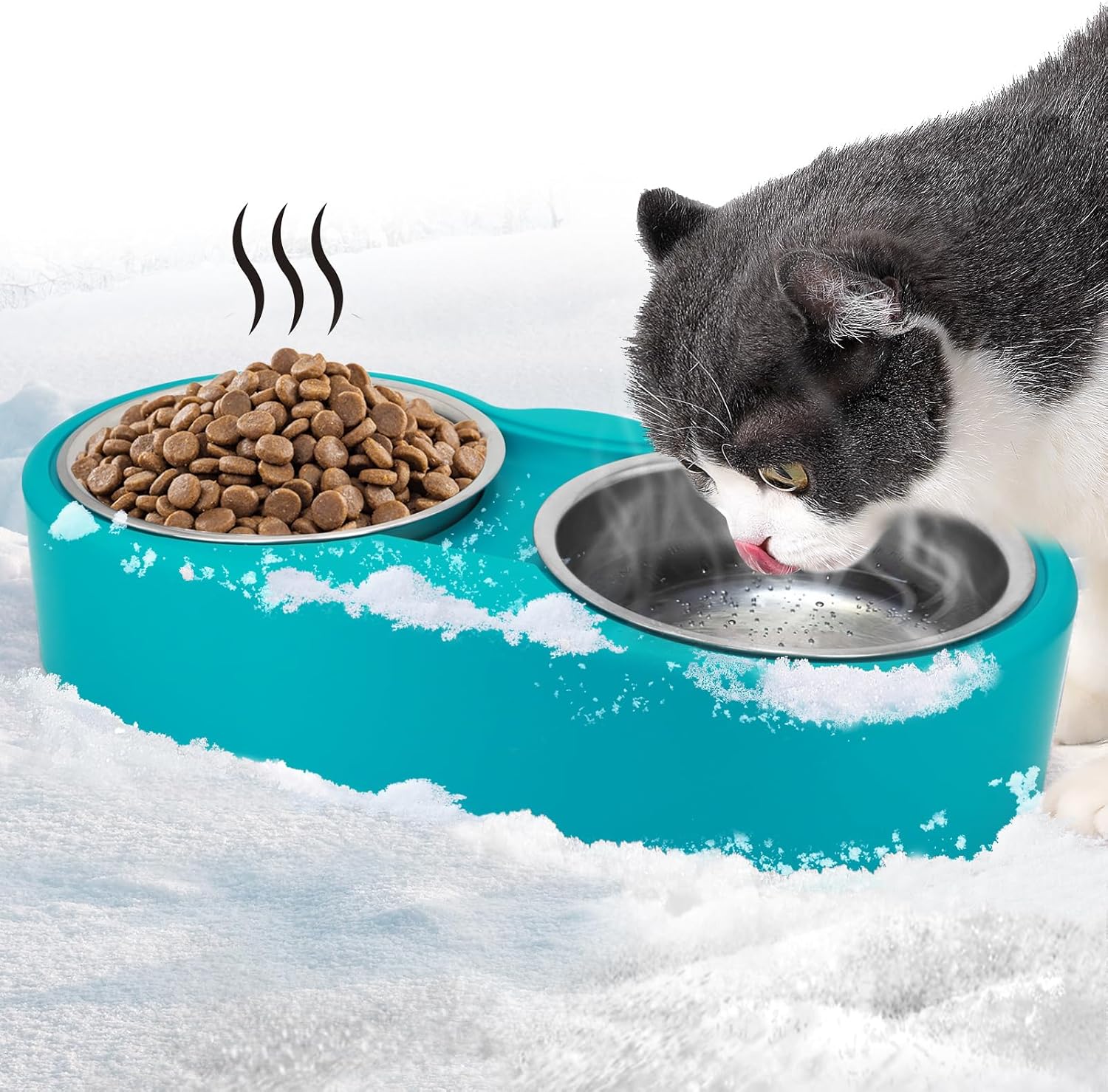 Heated Water Bowl for Cat & Dog - Outdoor Heated Cat Bowls with 2 Stainless Steel Bowl,Outdoor Cat Feeding Station Provide Non Freezing Water & Food in Winter for Rabbit, Chicken, Duck