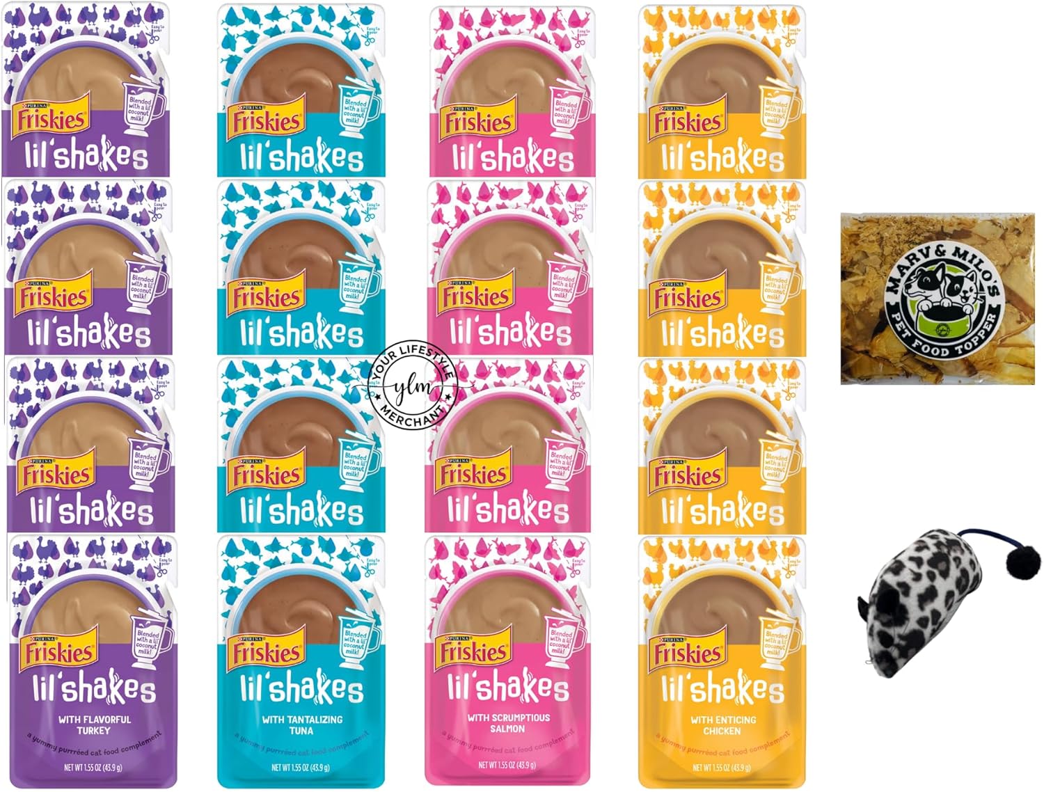 Lil' Shakes for Cats Variety Pack Marv & Milo's Bonito Fish Flakes & Catnip Mouse with 3 Each 1.55oz Pouches of Salmon, Tuna, Chicken, Turkey Flavors