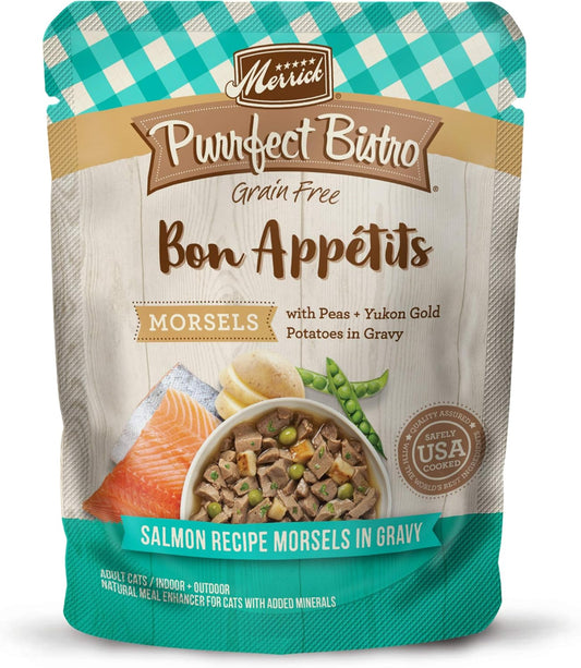 Merrick Purrfect Bistro Bon Appetits Premium Grain Free Wet Cat Food Topper, Salmon Recipe Morsels in Gravy - (Pack of 24) 3 oz. Pouches