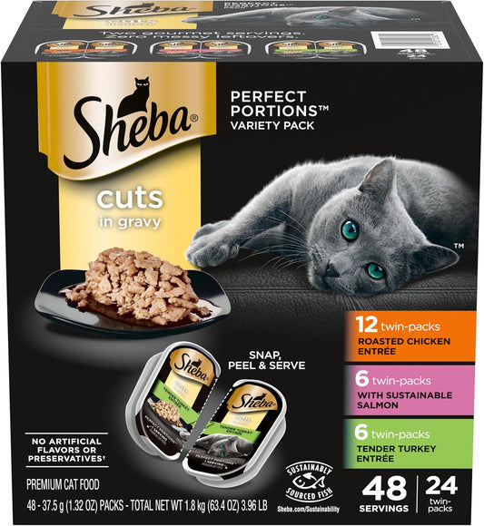 SHEBA Perfect Portions Cuts in Gravy Wet Cat Food Trays (24 Count, 48 Servings), Roasted Chicken, Gourmet Salmon and Tender Turkey Entrée Variety Pack, Easy Peel Twin-Pack Trays