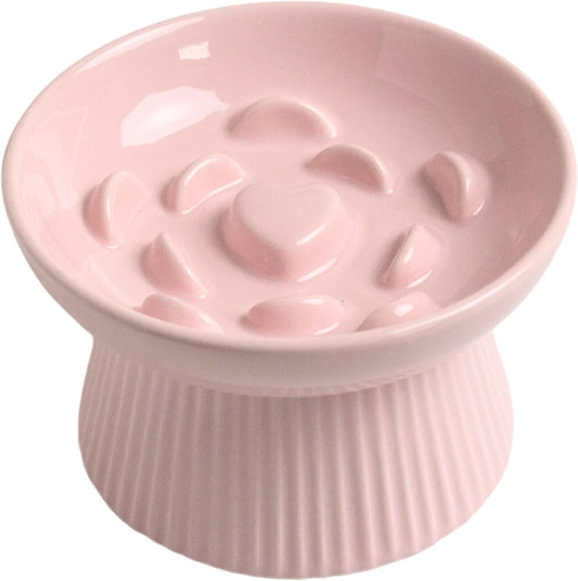 LE SERVETA Ceramic Slow Feeder Cat Bowl, Raised Puzzle Feeder, Anti Vomiting Cat Slow Feeder, Elevated Food Bowl, Whisker Friendly Cat Bowl (Pink)