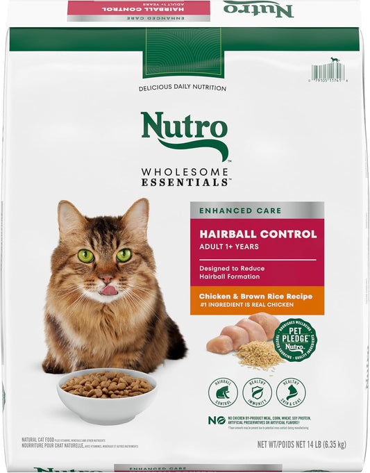 NUTRO WHOLESOME ESSENTIALS Adult Hairball Control Natural Dry Cat Food Farm-Raised Chicken & Brown Rice Recipe, 14 lb. Bag