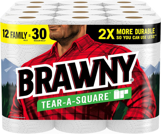 Brawny Tear-A-Square Paper Towels, 12 Family Rolls = 30 Regular Rolls, 2X More Durable*, 3 Sheet Sizes, Strong and absorbent extra-large roll