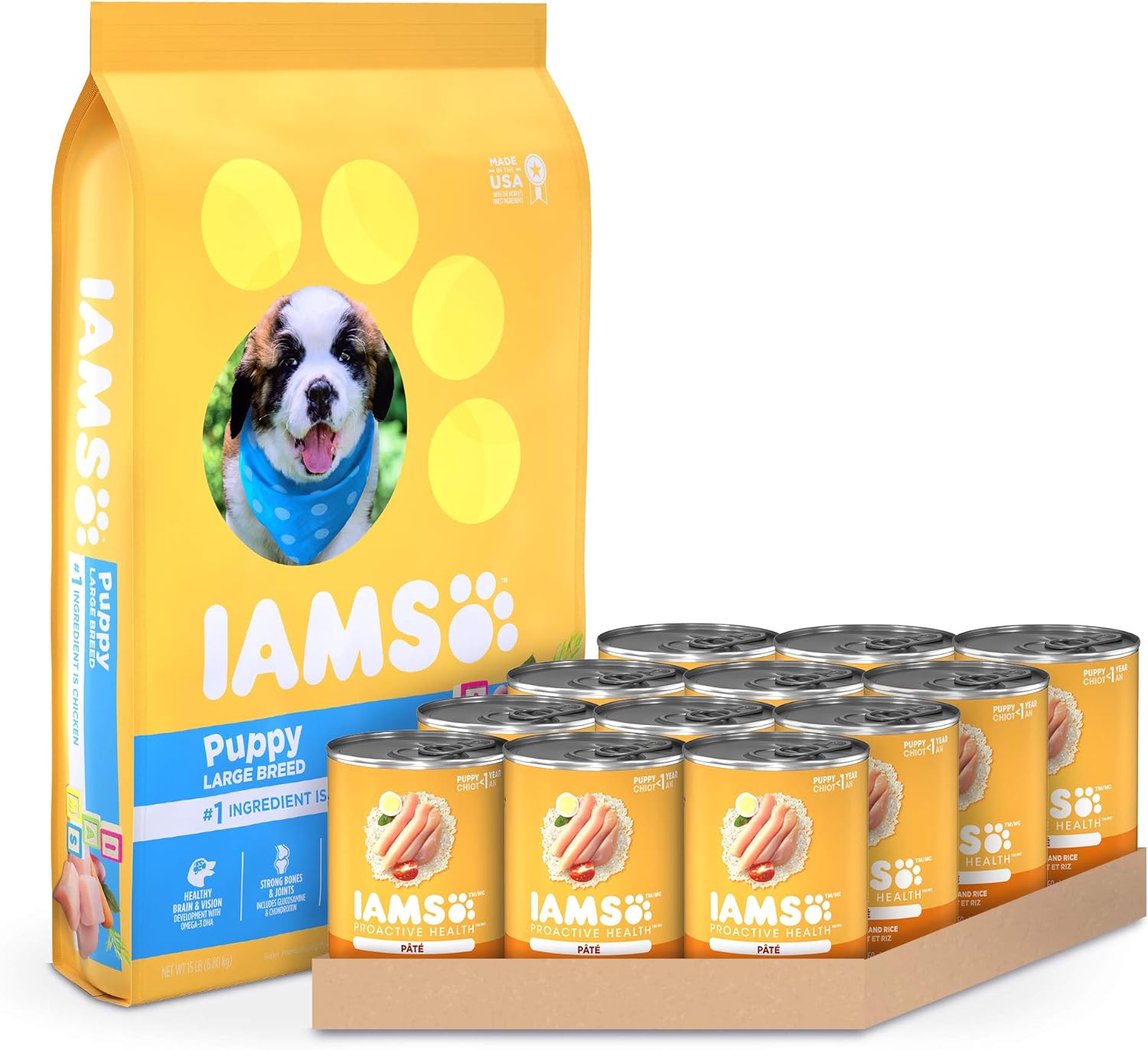 IAMS PROACTIVE HEALTH Smart Puppy Dry Dog Food and Pate Wet Dog Food Cans, Chicken Recipes