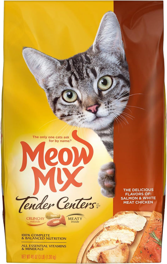 Meow Mix Tender Centers Salmon & White Meat Chicken Flavors Cat Food, 3 Pound (Pack of 4), Crunchy Outside Meaty Inside