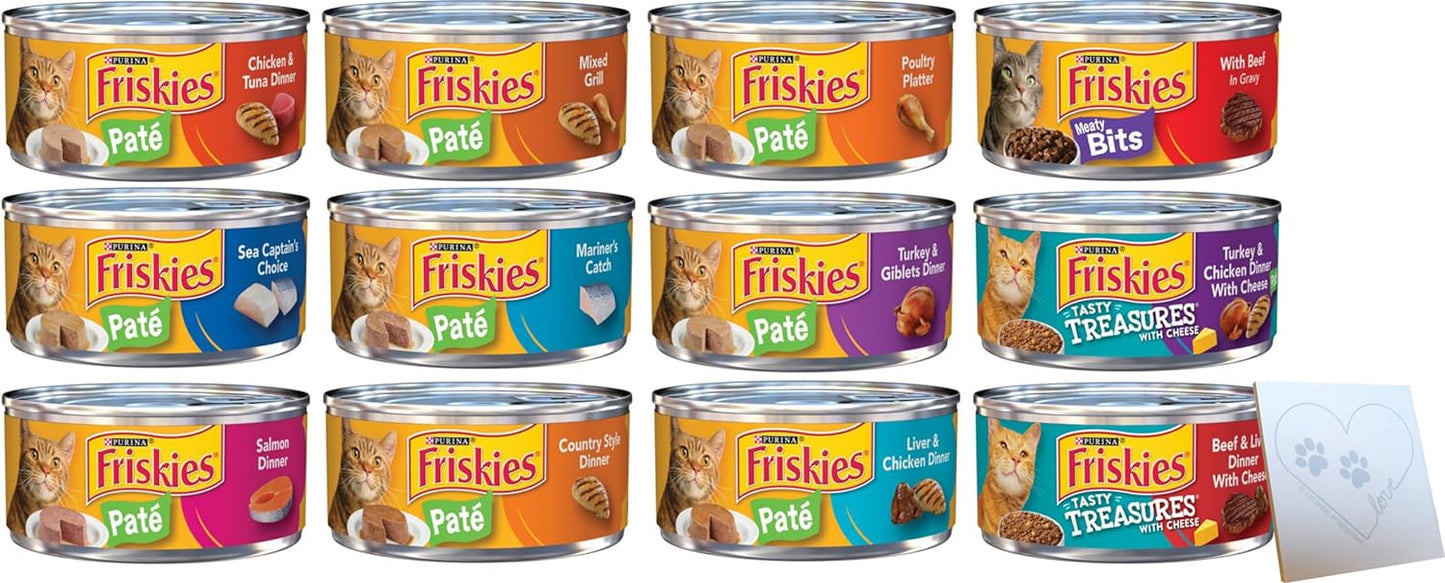 Huge-Friskies-Variety Pack – 12 Total Pate Flavors: Salmon, Poultry, Mixed Grill, Chicken, Tuna, and More (5.5oz Each, 12 Cans Total)