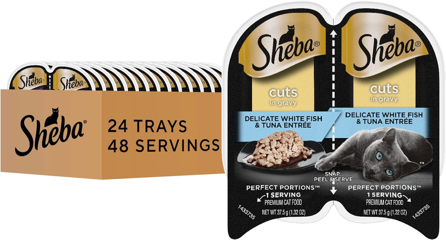 Sheba Perfect Portions Wet Cat Food Cuts in Gravy Delicate White Fish and Tuna Entree, 2.6 oz., Twin-Pack Trays (24 Count, 48 Servings)