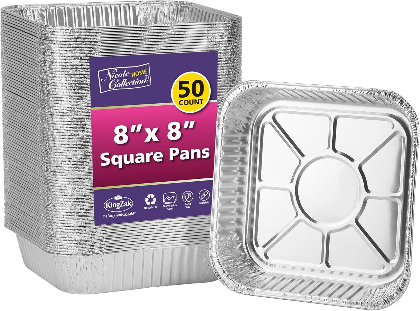 Nicole Home Collection 8x8 Aluminum Pans (50 Pack) 8 Inch Foil Pans - Cake Pans - Aluminum Square Pans - Disposable Food container - great For Cake Baking, Cooking, Heating, Freezing, Prepping Food