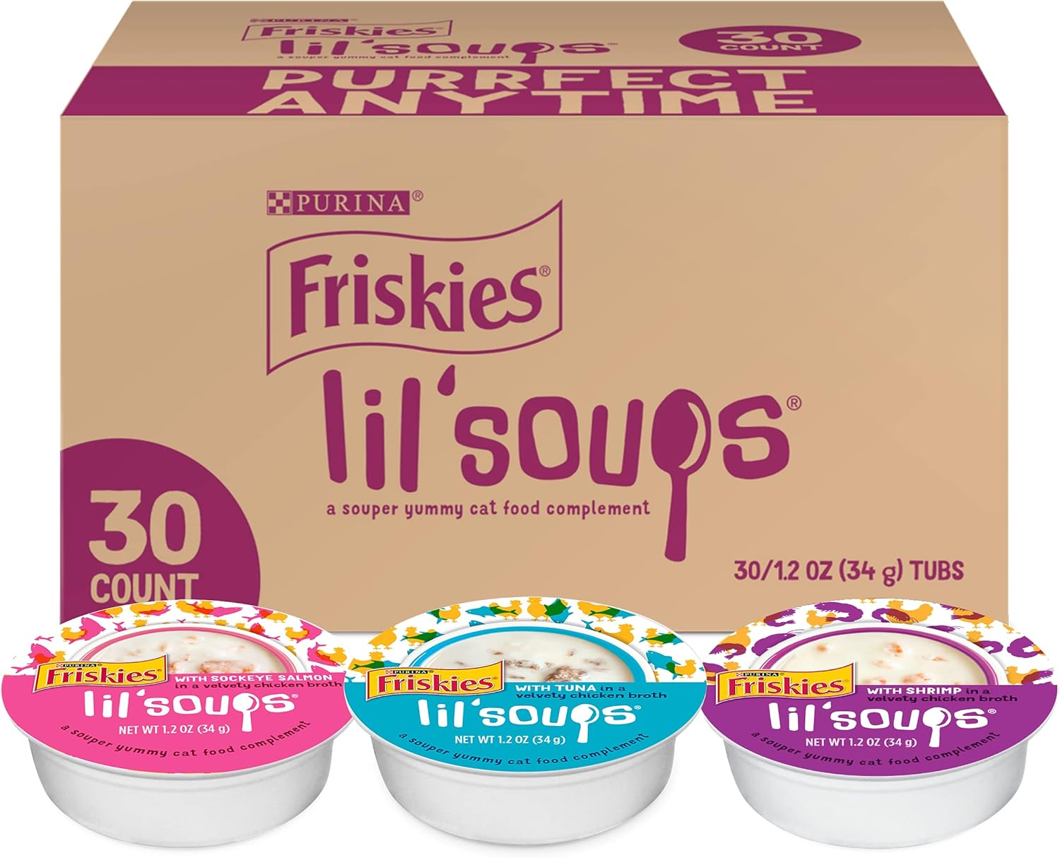 Purina Friskies Grain Free Wet Cat Food Lickable Cat Treats Variety Pack, Lil' Soups With Salmon, Tuna or Shrimp - (Pack of 30) 1.2 oz. Cups