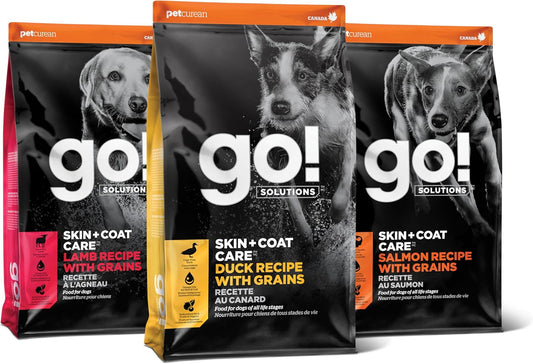 GO! SOLUTIONS Skin + Coat Care - Dry Dog Food Recipe with Grains for All Life Stages- Complete + Balanced Nutrion for Dogs - Variety Pack - Pack of 3