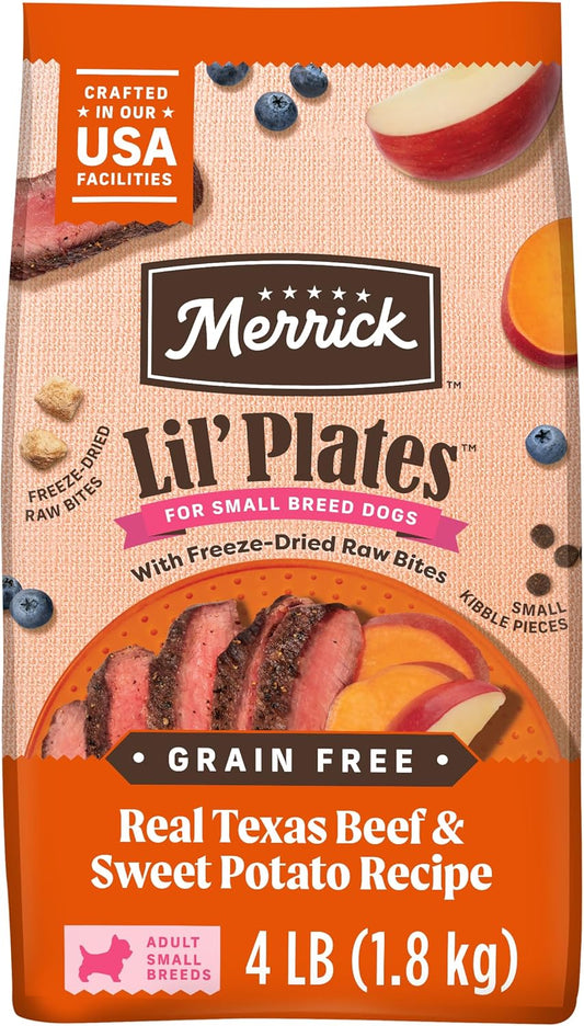 Merrick Lil\u2019 Plates Grain Free Dry Dog Food For Small Dogs, Texas Beef And Sweet Potato Kibble With Raw Bites - 4.0 lb. Bag (Packaging May Vary)