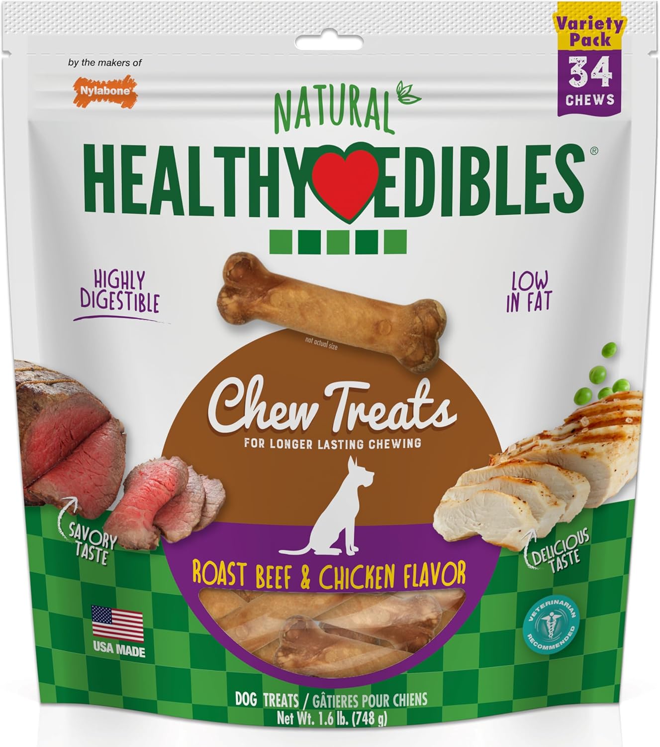 Nylabone Healthy Edibles Natural Dog Chews Long Lasting Chew Treats for Dogs, Roast Beef & Chicken Flavor, X-Small\/Petite (34 Count)