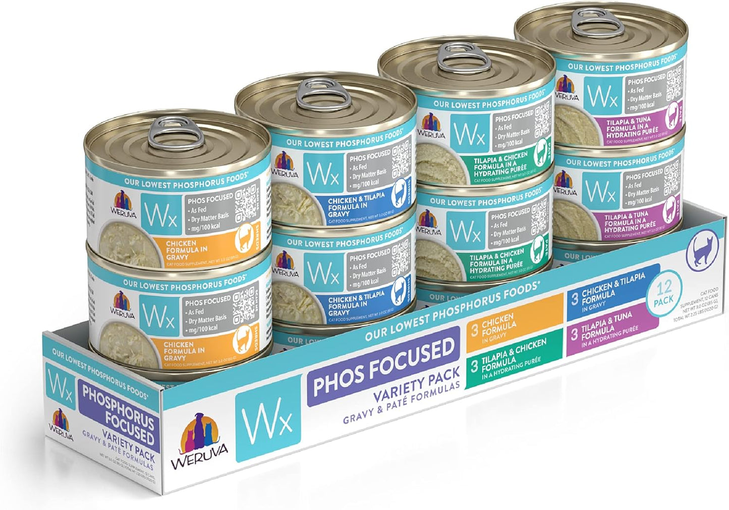 Weruva Wx Phos Focused, Pate & Gravy Formulas Variety Pack, 3oz Can (Pack of 12)