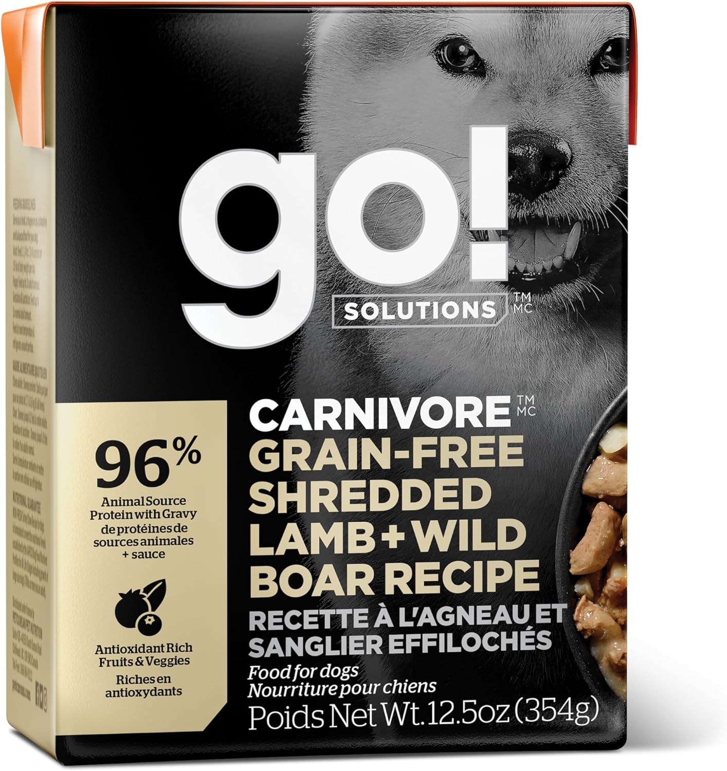 GO! SOLUTIONS Carnivore Protein Rich Wet Dog Food - Grain Free Shredded Lamb and Wild Boar - Complete & Balanced Nutrition for All Life Stages, 12.5 oz (Pack of 6)