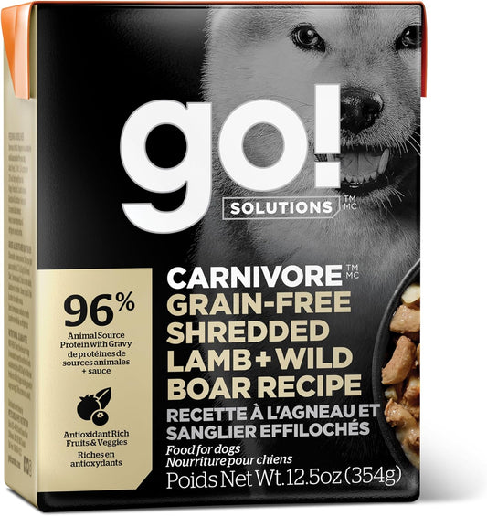 GO! SOLUTIONS Carnivore Protein Rich Wet Dog Food - Grain Free Shredded Lamb and Wild Boar - Complete & Balanced Nutrition for All Life Stages, 12.5 oz (Pack of 6)