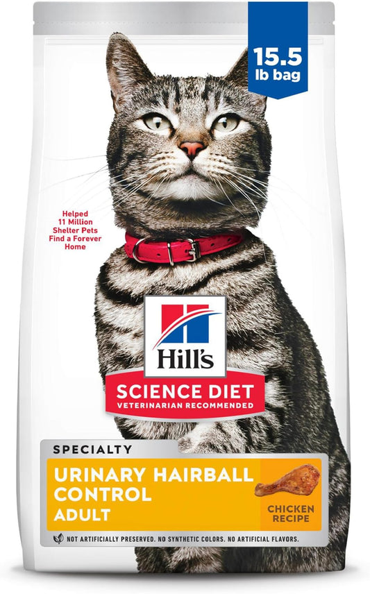 Hill's Science Diet Urinary Hairball Control, Adult 1-6, Urinary Track Health & Hairball Control Support, Dry Cat Food, Chicken Recipe, 15.5 lb Bag