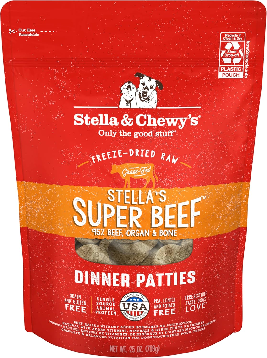 Stella & Chewy's Freeze Dried Raw Dinner Patties, Stella\u2019s Super Beef Recipe with Nutritious Pumpkin & Organic Meat - Grain Free, Protein Rich, High Fiber, USA Crafted Dog Food for Pups - 25 oz Bag