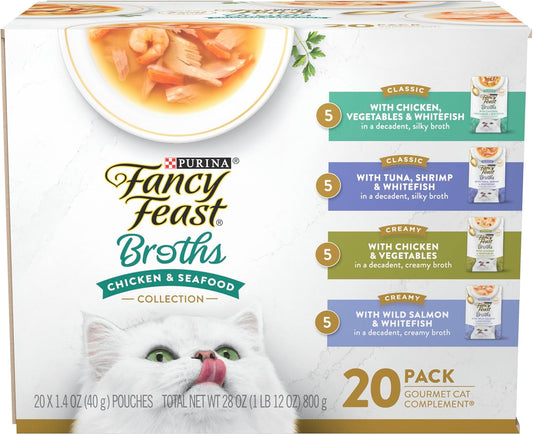 Purina Fancy Feast Broth Complement Chicken and Seafood Lickable Grain Free Wet Cat Food Variety Pack - (Pack of 20) 1.4 oz. Pouches