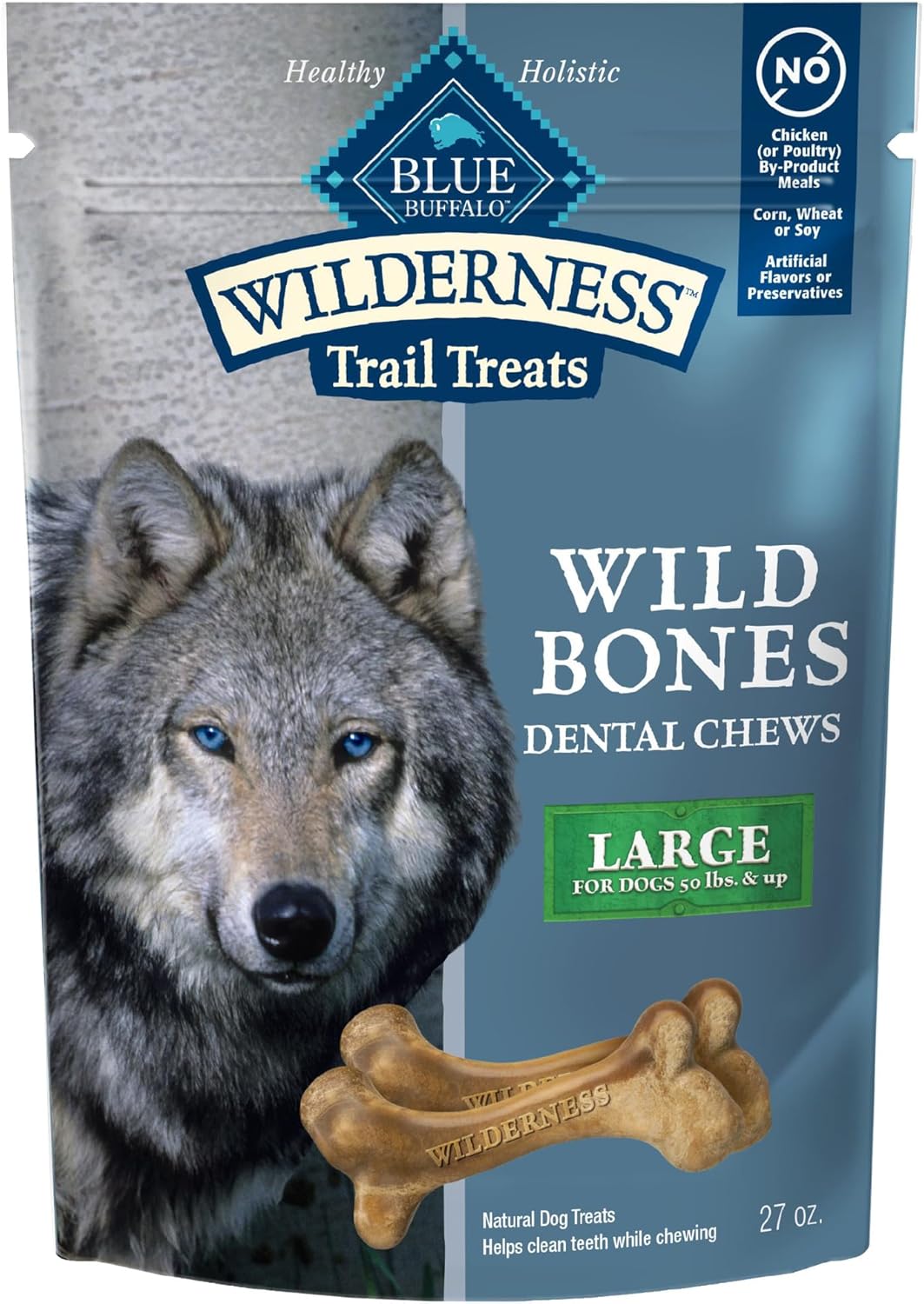 Blue Buffalo Wilderness Wild Bones Grain-Free Dental Chews Dog Treats, Large, 27-oz Bag